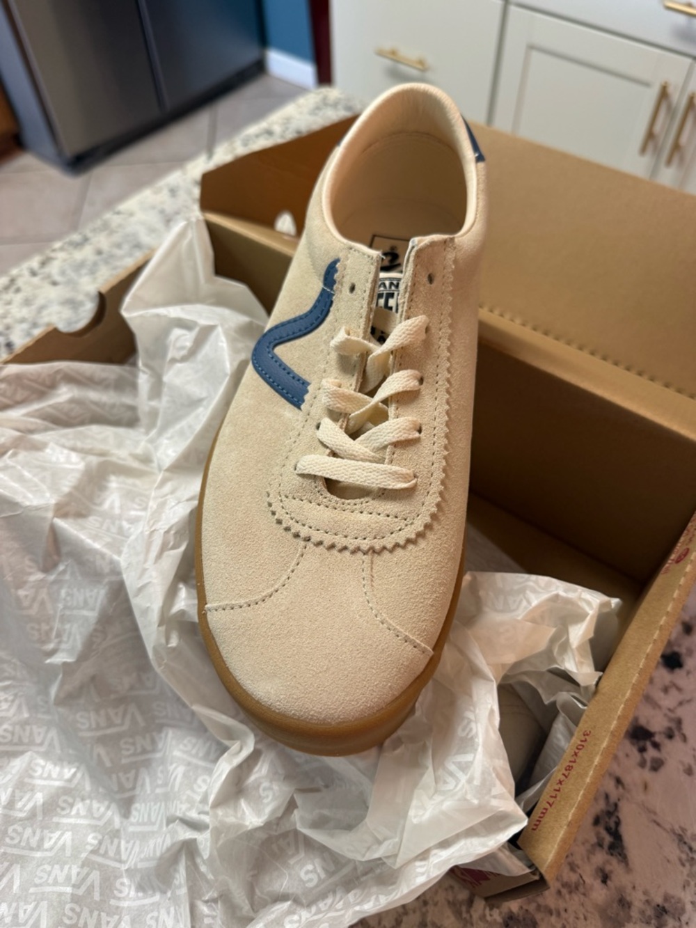 Vans Cream Suede Low-Top Sneakers with Blue Side Stripe - Picture 3 of 4